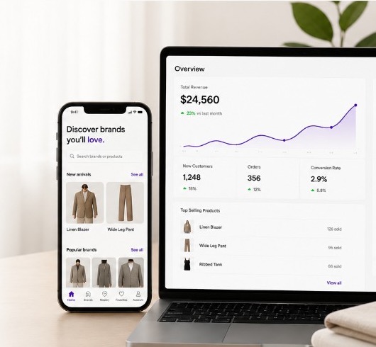 ClothME merchant dashboard showing orders and revenue, with the shopper app on phone